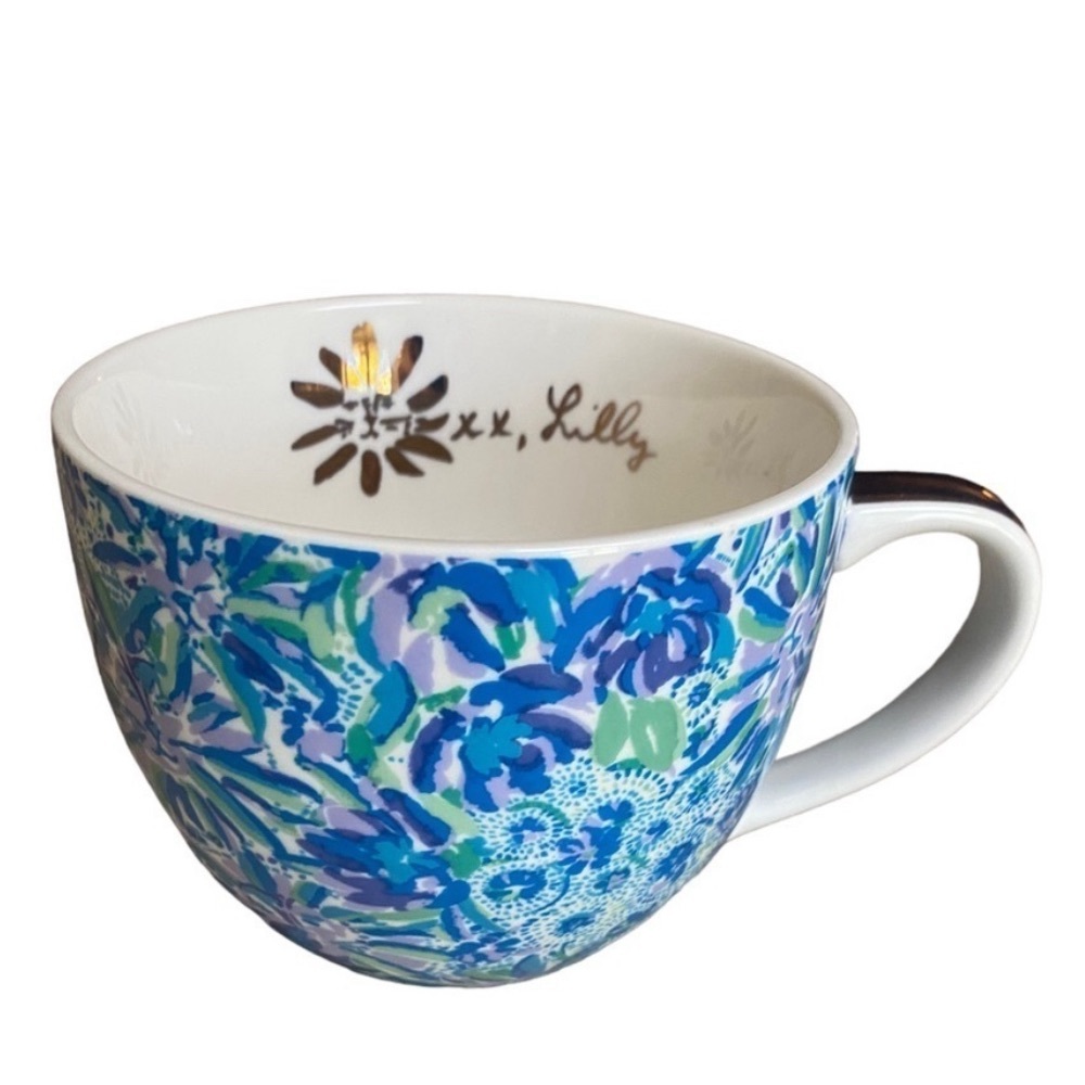 Lilly Pulitzer Tiger XX Lily Blue Floral 12oz Coffee Tea Cup Mug Gold - Picture 4 of 5